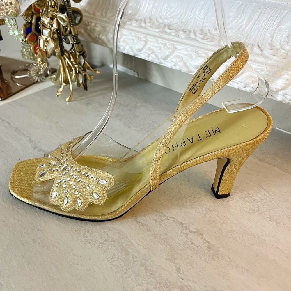 3/$20 Metaphor Sasha clear and gold heels